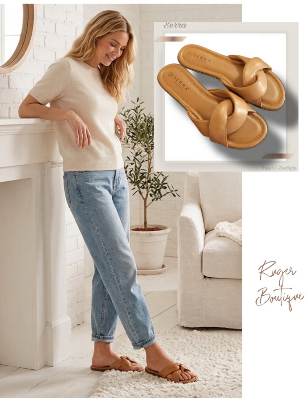 🌿Serra Women's size 8 Tan Leather-Like Twist Top Knot Sandals